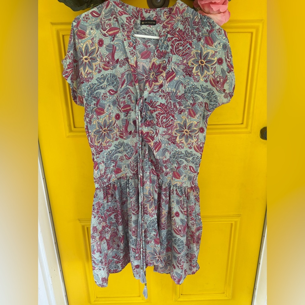 100 silk Eva Collection Floral Midi Dress - Red and Blue